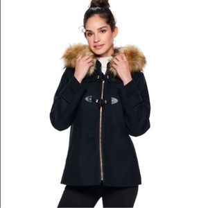 NWT Nine West Faux Fur Trim Hooded Wool Blend Toggle Coat Jacket Navy Size XL